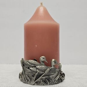 Vintage 70s Ducks In Reeds Pewter Pillar Candle Holder Cabin Country Cottage